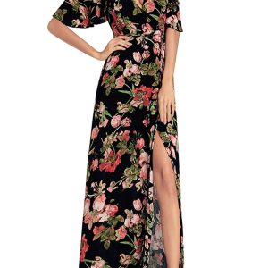 Yksduhl V-Neck Floral Print Off Shoulder Maxi Dress S,M,L,XL