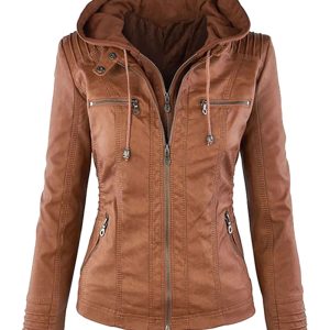 Yksduhl Women'sFaux Leather Zip Up Hooded Jacket M,L,XL,XXL