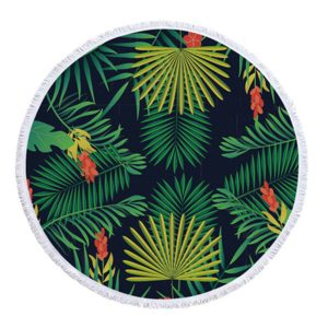 Green Floral Print Round Beach Blanket Towel Cloth Pad Shawl Mattress One Size