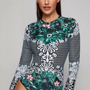 Floral Print Long Sleeve One Piece Swimwear S,M,L,XL
