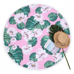 Flower Leaf Graphic Fringed Round Beach Blanket One Size