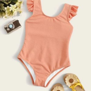 Toddler Girls Rib Ruffle Trim One Piece Swimwear 90,100,110,120