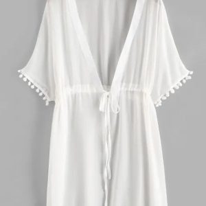 Drawstring Chiffon Pompoms Beach Dress L,XL