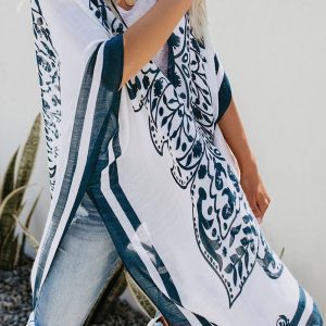 Printed Collarless Slit Poncho Cover Up One Size
