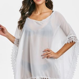 Lace Panel V Neck Asymmetric Cover Up One Size