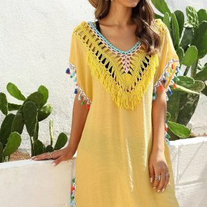 Crochet Insert Side Slit Tasseled Cover-up One Size